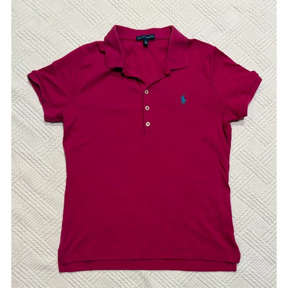 Ralph Lauren Youth Girls Polo Size Large Pink Collar Classic Short Sleeve